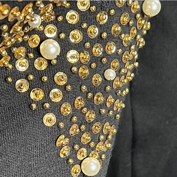 Vintage 80s Medium Long Sleeve Gold‎ Beaded Cocktail Dress